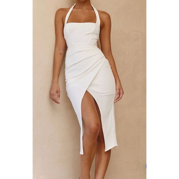 NWT Selfie Leslie Halterneck Gathered Pleat Side Knee Length Dress White - Picture 3 of 9